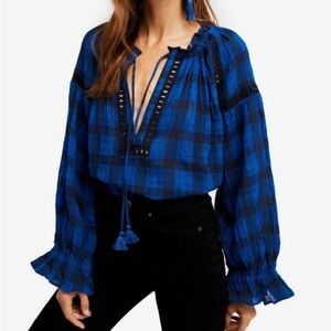 Free People Honey Grove Blue Black Gingham Plaid Long Sleeve Peasant Blouse